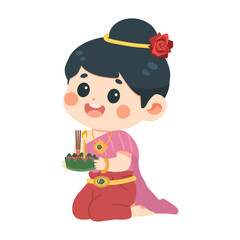 Cute Loy Krathong Girl Holding Krathong Illustration