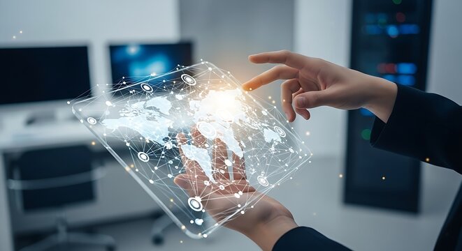Innovative technology in action A hand interacting with a holographic interface displaying a world map, symbolizing global connectivity and digital transformation in modern business