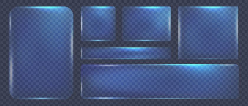 Neon blue glass frames with geometric shape glare, Collection of futuristic hud light blue frame powder size dust, Vector illustration.