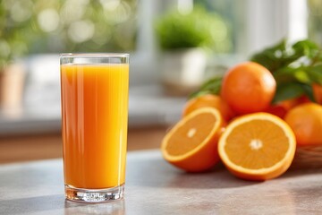 A refreshing glass of orange juice sits on a kitchen counter with fresh oranges in the background, evoking a bright and healthy atmosphere.