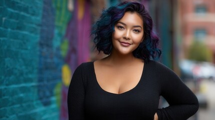 Naklejka premium A confident woman poses in an alley with vibrant street art. Her colorful hair and stylish outfit reflect a modern urban vibe.