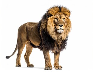 Obraz premium Majestic Lion Standing Proudly with Brown and Black Mane Against Clean White Background Animal Portrait