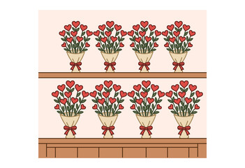 Heart shaped flower bouquets displayed in shop illustration for love celebration and romantic design materials