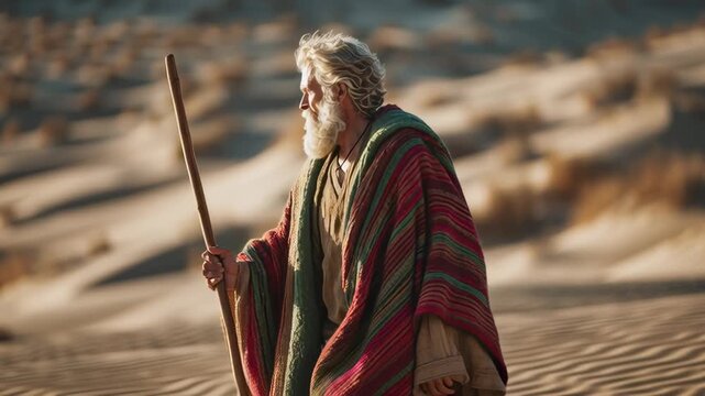 A man, abraham, walking in the desert, biblical scene with a prophet. An old man in robes with a staff slowly moving through sand dunes, footage.