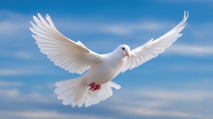 Fototapeta premium White dove soaring gracefully against a backdrop of blue sky and white clouds, symbolizing peace, hope, and spirituality