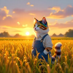 cat in a rice fields