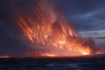Fototapeta na wymiar Eruption in the tundra creates dramatic contrasts of fire and ice against a dark, moody sky in an unusual climatic event