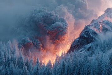 Fototapeta premium Eruption in snowy jungle creating lava flow and dark clouds in a surreal contrast of fire and ice