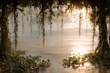 Vines hang gracefully over a warm icy lake as sunlight filters through misty surroundings and reveals tranquil reflections in the water