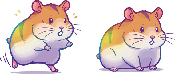 Cartoon hamsters, running and sitting, colorful fur, playful rodents, expressive faces, children illustration, cute animals, dynamic pose, vibrant artwork, fantasy style