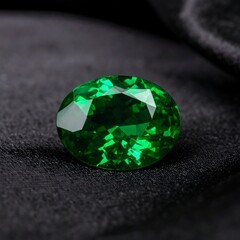 Vivid green oval-cut gemstone on black fabric