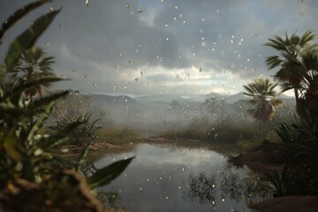 Unusual weather phenomenon with droplets rising in a serene landscape featuring palm trees and mist