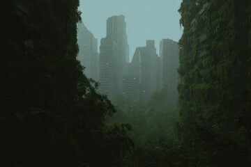 Urban jungle emerges as nature reclaims space among skyscrapers amidst an unusual, stormy atmosphere in a futuristic cityscape