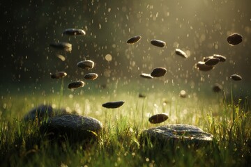 Floating stones suspended in a misty atmosphere create an otherworldly scene in a lush green setting during early morning light