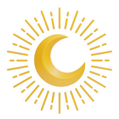 PNG 3D Crescent Moon with Radiating Light Beams Illustration Isolated on a White Background