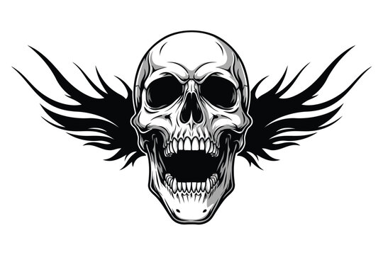 Vector art of a winged skull with an open mouth and sharp teeth, this monochromatic illustration features a human skull with wings, evoking a sense of mortality and gothic style