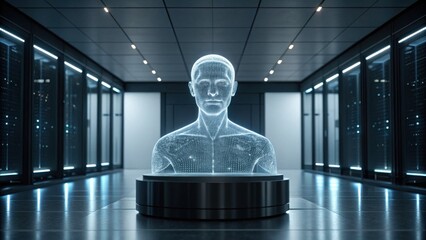 A futuristic holographic figure stands in a high-tech room filled with servers, showcasing advanced technology and digital innovation.
