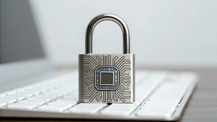 A metallic padlock with circuit patterns sits on a keyboard, symbolizing cybersecurity and digital protection.