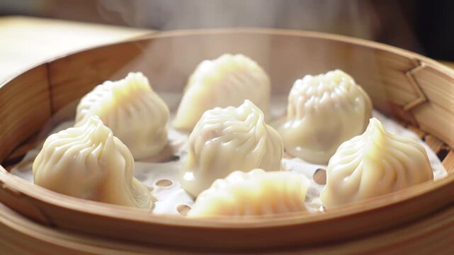 Steaming dumplings in bamboo steamer close up food photography