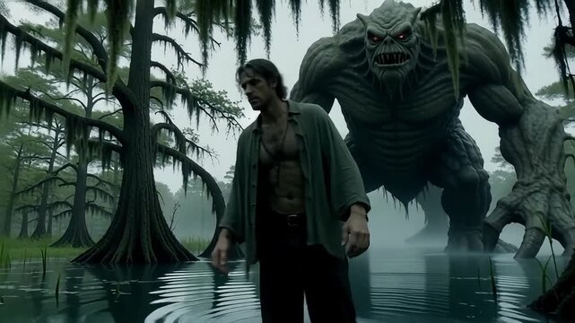 Man braves misty swamp facing colossal monster, a thrilling adventure unfolds in eerie wilderness