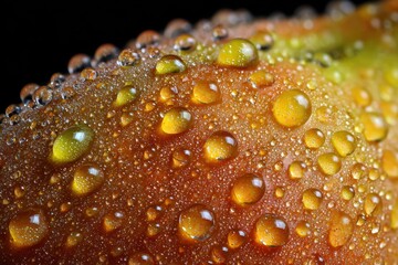 Water droplets glisten on ripe mango skin, showcasing nature's beauty in hyperreal detail during the warm summer season