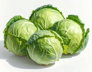 Fototapeta premium A whole light green cabbage with layered leaves and a wavy texture, placed upright on a plain white background, soft shadows beneath, studio lighting brings out the details of the leaf veins and the n