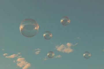 Floating bubbles in the blue sky reflect sunlight and clouds above a serene landscape, creating a whimsical scene of quiet beauty and lightness during a clear afternoon