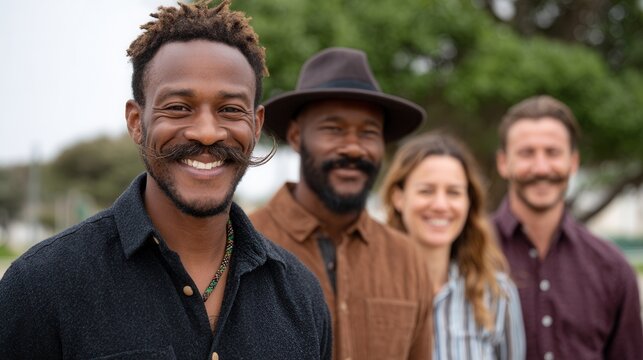 A diverse group of four friends smiling together outdoors, showcasing camaraderie and joy in a natural setting.
