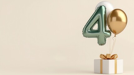 Obraz premium A metallic green number 4 balloon floats with gold and white balloons above a gift box