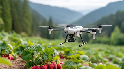 Illustration of an irrigation drone flying over an organic strawberry field, bright daylight, dynamic shot demonstrating technology that promotes sustainable farming.