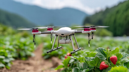 Illustration of an irrigation drone flying over an organic strawberry field, bright daylight, dynamic shot demonstrating technology that promotes sustainable farming.