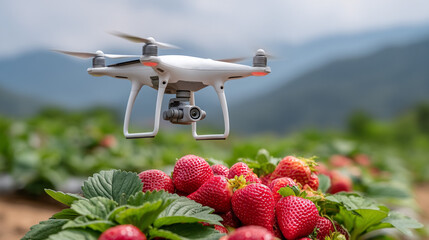 Illustration of an irrigation drone flying over an organic strawberry field, bright daylight, dynamic shot demonstrating technology that promotes sustainable farming.