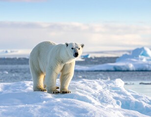 Magnificent Polar Bear Standing on Ice Floe Against Arctic Seascape Clear Blue Sky and Glacial Ice with Textured White Fur in Natural Sunlight