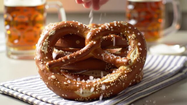 Close-Up Shot of a Hand Sprinkling Coarse Salt on a Warm Soft Pretzel with Beer.