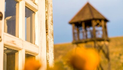 Weathered window frame with a distant rustic tower