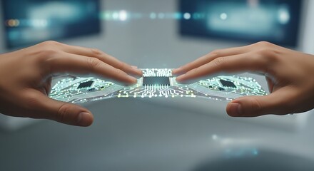 Futuristic technology concept Hands holding a glowing, flexible circuit board demonstrating advanced digital innovation and connectivity