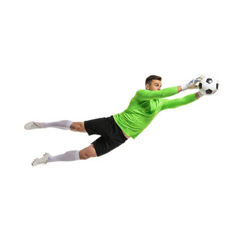 Generative AI image of pro male soccer goalkeeper jumping for dramatic save to catch a ball midair
