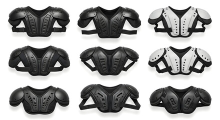 Football shoulder pads in various colors showcasing sports equipment for protection and safety during game play