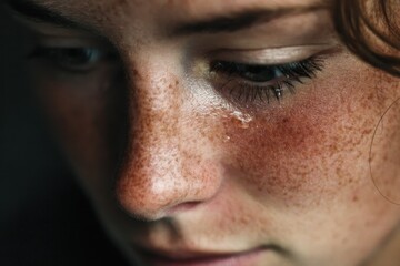 Obraz premium Single Tear Falling Down Freckled, Sad Cheek