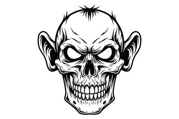 Vector art of a spooky skull with large ears, featuring intricate details and a menacing expression, ideal for halloween and horror themes
