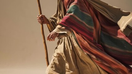 Old testament man journeying across desert with staff. Biblical era wanderer in arid landscape, ancient religious story footage.