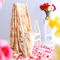 White chair with floral blanket and rose petals