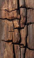 Intricate Close-Up of Weathered Wood: Textured Cracks and Earthy Tones in Abstract Mosaic