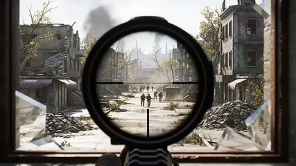 Sniper scope view of a war-torn city street with figures in the distance.