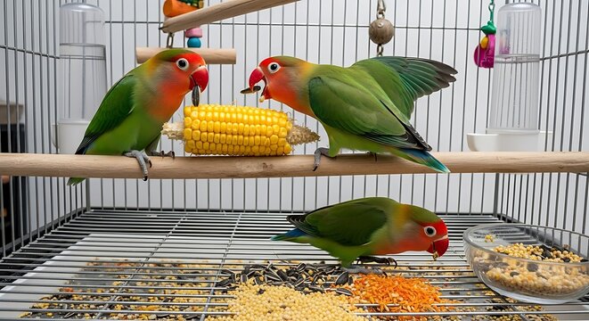 Parrots in Cage Eating Corn.