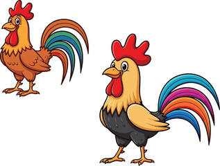 Cartoon roosters illustration, colorful farm animals, expressive poultry characters, children’s drawing style, multicolored feathers, fun chicken artwork, animated birds, white background