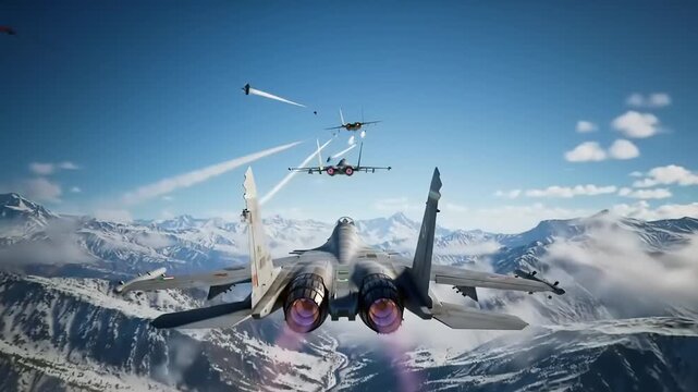 Fighter Jet Flying Over Snowy Mountains During Aerial Combat