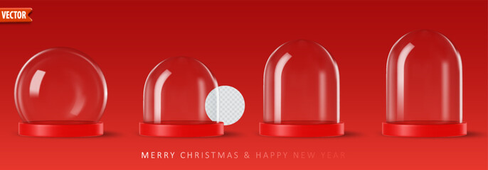 Empty 3d glass snow globes set isolated space for custom designs on red background. Christmas decorative podium with transparent glass dome for product studio. Vector realistic render snow ball globe