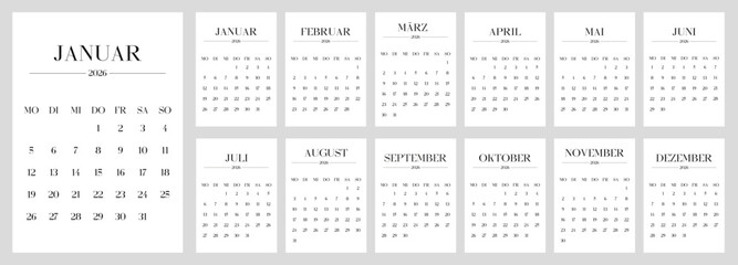 Minimalist Germany 2026 calendar template set of 12 month vertical pages. Layout deutsch planner for the year. Week start on Monday