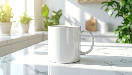 A pristine white ceramic mug sits on a sunlit kitchen countertop, ready for personalization